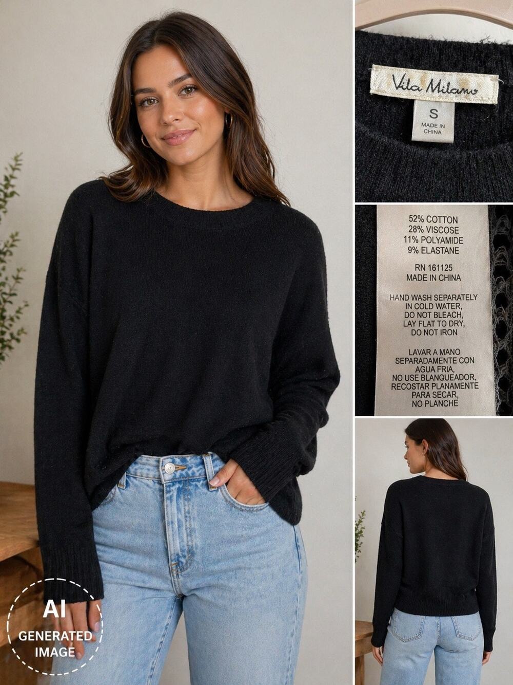 Vila Milano Black Knit Sweater Womens Small Crew Neck Stretch Top